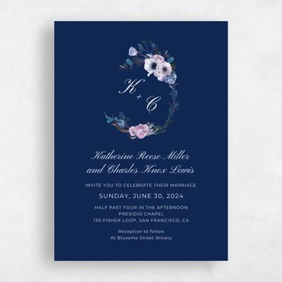Navy, Blue Wedding Invitation - Napa Wreath
