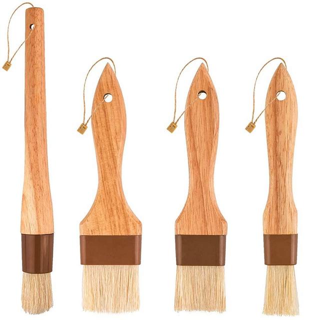 WXJ13 4 Pieces Wooden Pastry Brushes with Boar Bristles and Rope Hook Basting Oil Brush for Grill BBQ Spread Butter Cooking Baking Marinade Brushes (1, 1, 1.5, 2 Inches)