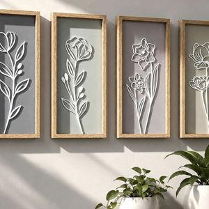 3D Wooden Floral Bathroom Wall Decor (Set of 4) Lightweight, Ready-to-Hang Framed Wall Art For Living Room, Bedroom, or Office - Premium Boho Botanical Farmhouse Decorations - Gift-Boxed