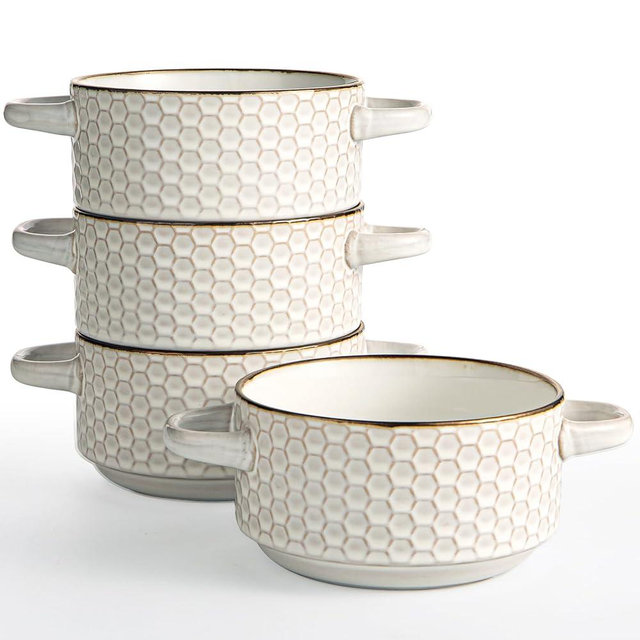 Gooditour Ceramic Soup Bowls Set - 27 Oz French Onion Soup Crocks with Handles - Embossed Stoneware Bowls for Soup Cereal Beef Stew Chili - Microwave Dishwasher Oven Safe - Set of 4 comb Embossment