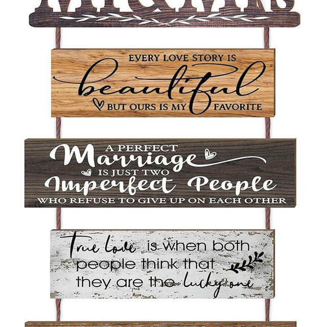 Mr & Mrs Rustic Wall Collage Sign with 5pcs Panels Strung Together - Marriage Wedding Engaged Anniversary Shower Farmhouse Distressed Wall Decor - Sweet Warming Gifts for Wife Husband Couples