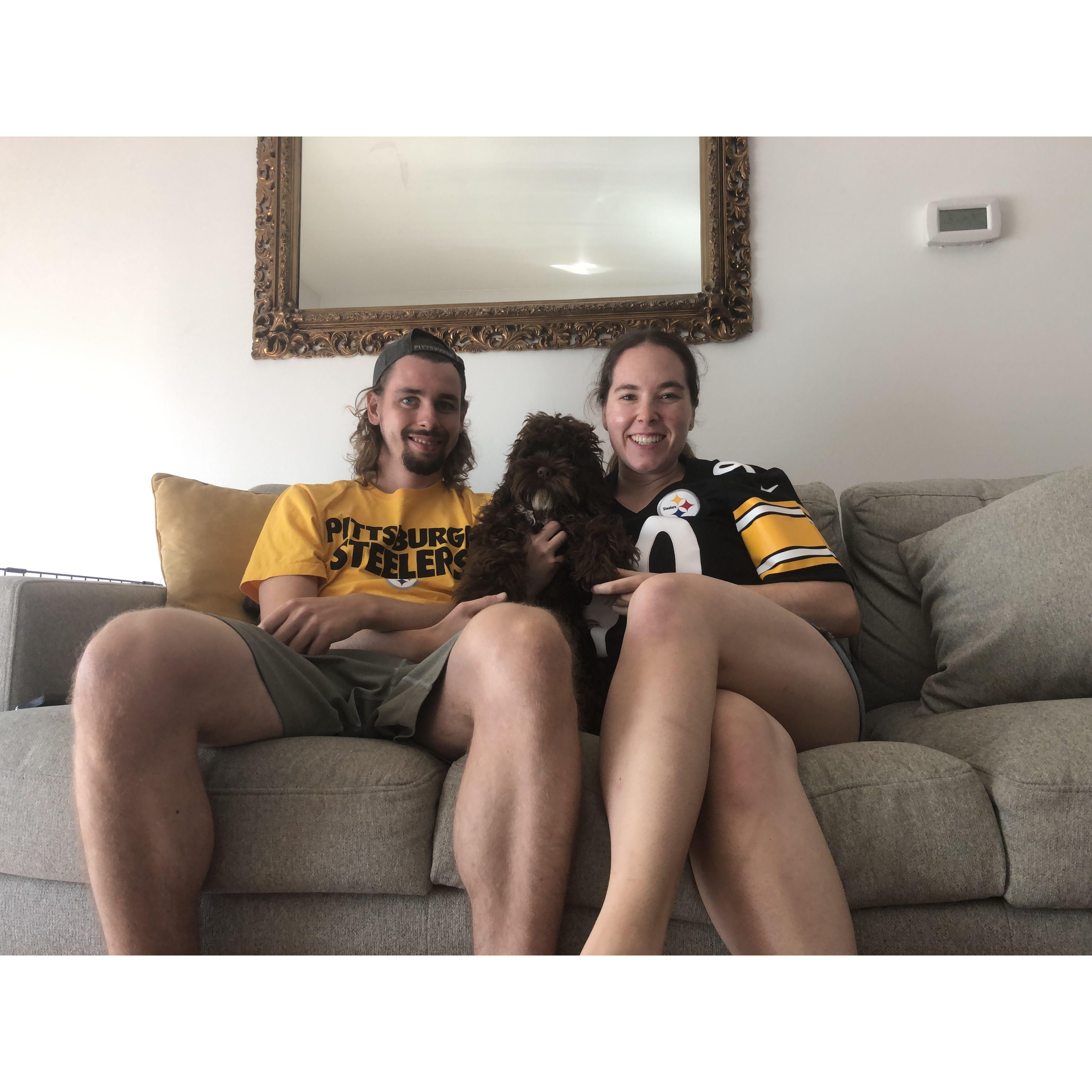 Olivia, Vince, and Honey getting ready for the 2021 season of Pittsburgh Steelers football!