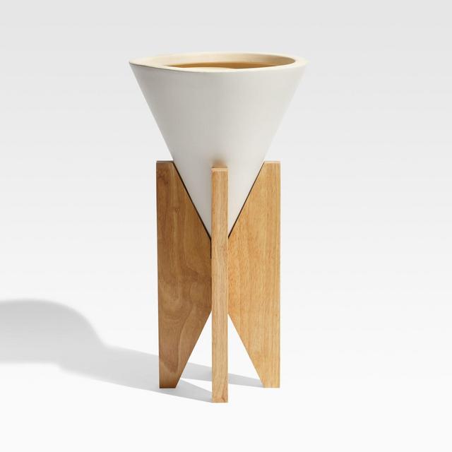 Eero Large White Planter with Wood Stand
