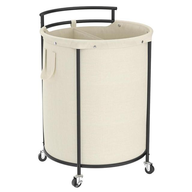 Chrislley 200L Laundry Basket with Wheels,2 section Rolling Laundry Hamper with Removable Bag,Round Laundry Cart with Steel Frame and Handle,Large Dirty Clothes Hamper for Laundry Room,Bedroom(Beige)