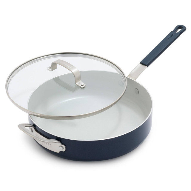 Bobby Flay 4.5qt Ceramic Nonstick Aluminum Saute Pan with Lid Oxford Blue: Skillet, Dishwasher-Safe, Smooth Surface Compatible