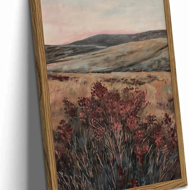 Framed 3D Textured Wall Art, Vintage Landscape Wall Decor Painting, Hand Drawn Sandstone Moody Dark Wildflower Pictures Artwork for Living Room Bedroom 12x16 inch Wood Frame