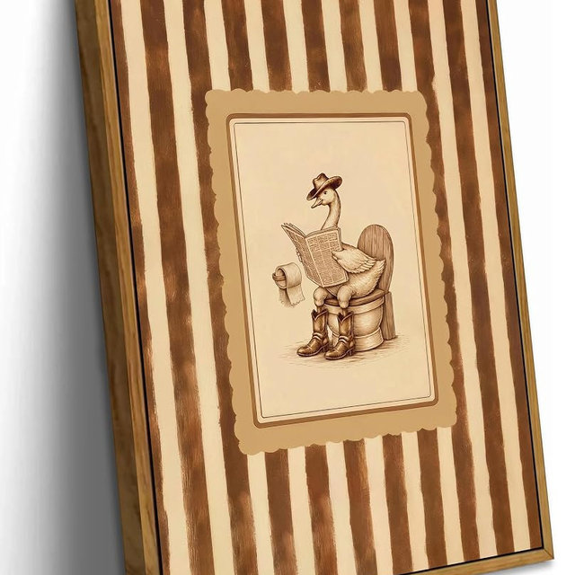 Floating Framed Funny Western Bathroom Canvas Wall Art, Cowboy Goose Reading on Toilet Painting Picture Wall Decor, Vintage Striped Animal Poster Print Artwork for Farmhouse, Home Decoration 12x16in