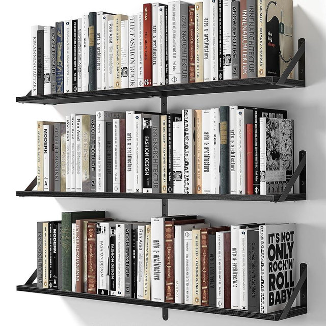 Heimlove Floating Shelves for Wall, 36 Inch Long Wood Floating Bookshelf Set of 3, Wall Mounted Hanging Shelf for Bathroom Bedroom Kitchen, Black