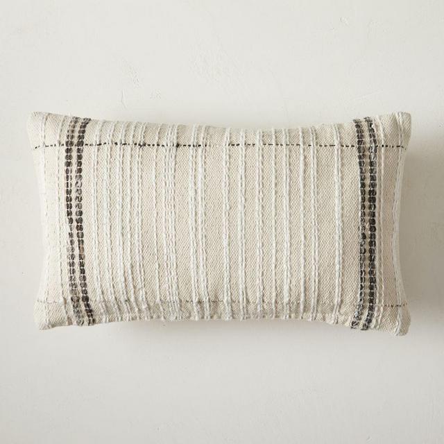 Mixed Border Stripe Lumbar Pillow Cover, 12"x21", White