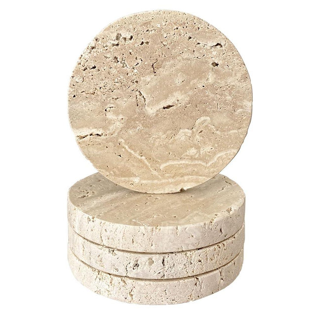 Beige Travertine Marble Coasters Set of 4, Absorbent Stone 4-inch Diameter Neutral Desk Coasters for Cup Coffee and Bar Drinks, Round