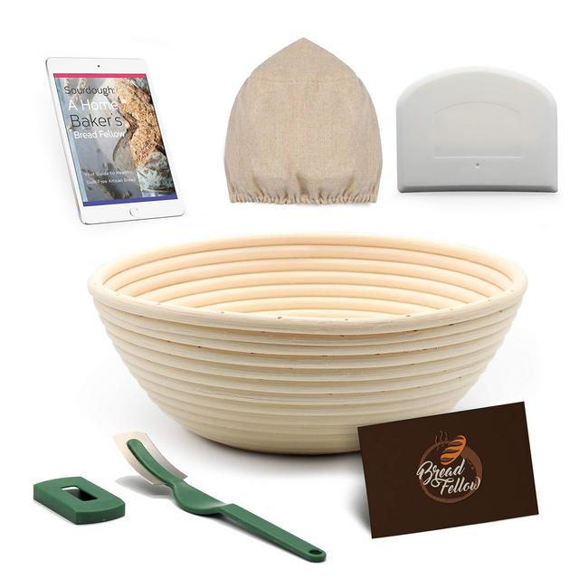 9 Inch Round Banneton Bread Basket - Proofing Baskets for Sourdough Bread Proofing Basket | Plastic Dough Scraper | Bread Lame | Cloth Liner - Bread Baking Set Bread Making Tools
