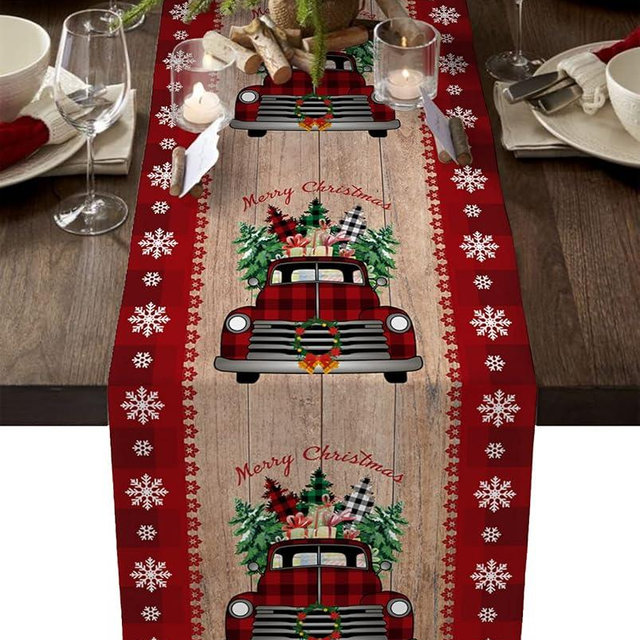 Table Runners 13x36 Inch Long,Dining/Coffee Table Runner,Dresser Scarves, Merry Christmas Red Vintage Truck Pull Xmas Tree Gift Kitchen Table Runner,Table Setting Decor for Farmhouse Dinner Party