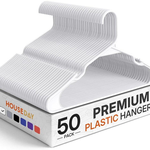 HOUSE DAY Plastic Hangers 50 Pack - White Clothes Hangers with Non-Slip Shoulder Grooves, Durable and Sturdy Coat Hanger, Space Saving Slim Design Perfect for Closet Organizers and Storage