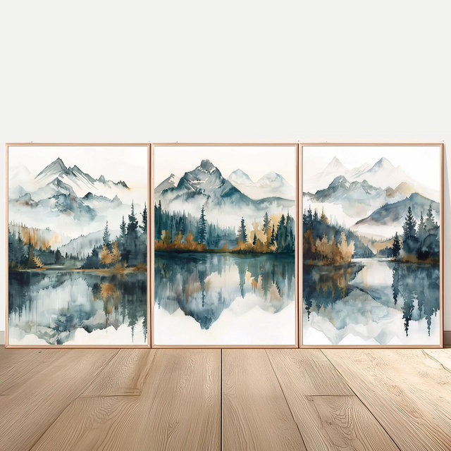 Rocky Mountain Art Large Minimalist Mountain Lake Painting Set of 3 Prints
