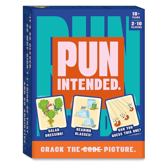 Gouda Games Pun Intended - Hilarious Picture Guessing Card Game for Families & Adults, Fast-Paced Wordplay Fun, Gifts for Pun & Game Lovers, 2-10 Players
