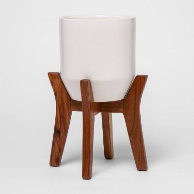 15" x 11" Faceted Ceramic Planter in Wood Stand White/Brown - Project 62™