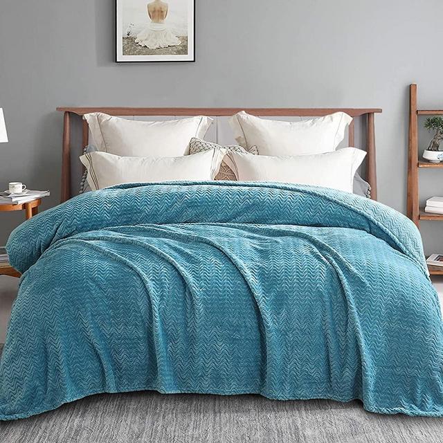 Exclusivo Mezcla Twin Size Jacquard Weave Wave Pattern Flannel Fleece Velvet Plush Bed Blanket as Bedspread/Coverlet/Bed Cover (90" x 66", Slate Blue) - Soft, Lightweight, Warm and Cozy