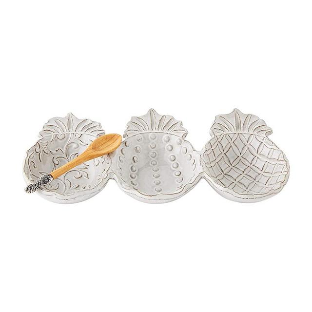Mud Pie Pineapple Triple Dip Set, server 5 1/2" x 11" | spoon 4 1/2", Cream