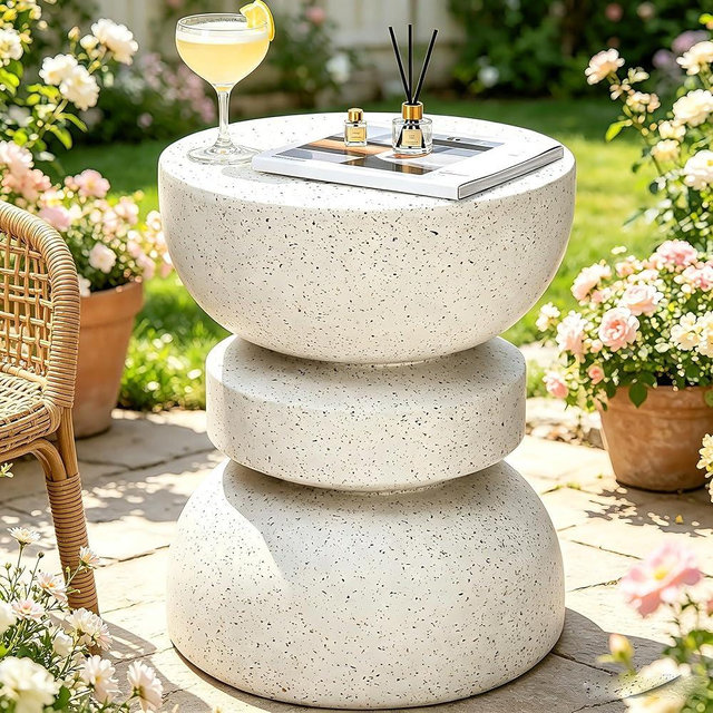 Ultym 18" Outdoor Side Table, Modern Hourglass Garden Stool in Painted Faux Terrazzo-Look, Patio Coffee Accent Table Decorative, Durable Weatherproof MGO & Easy Assembly Round Table for Room Porch