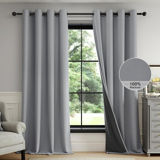 FMFUNCTEX 100% Dark Grey Blackout Curtains for Living Room, Curtains 63 Inches Long Weave Textured Thermal Insulated Curtains for Bedroom, Black Out Drapery Grommet Room Darkening 2 Panels