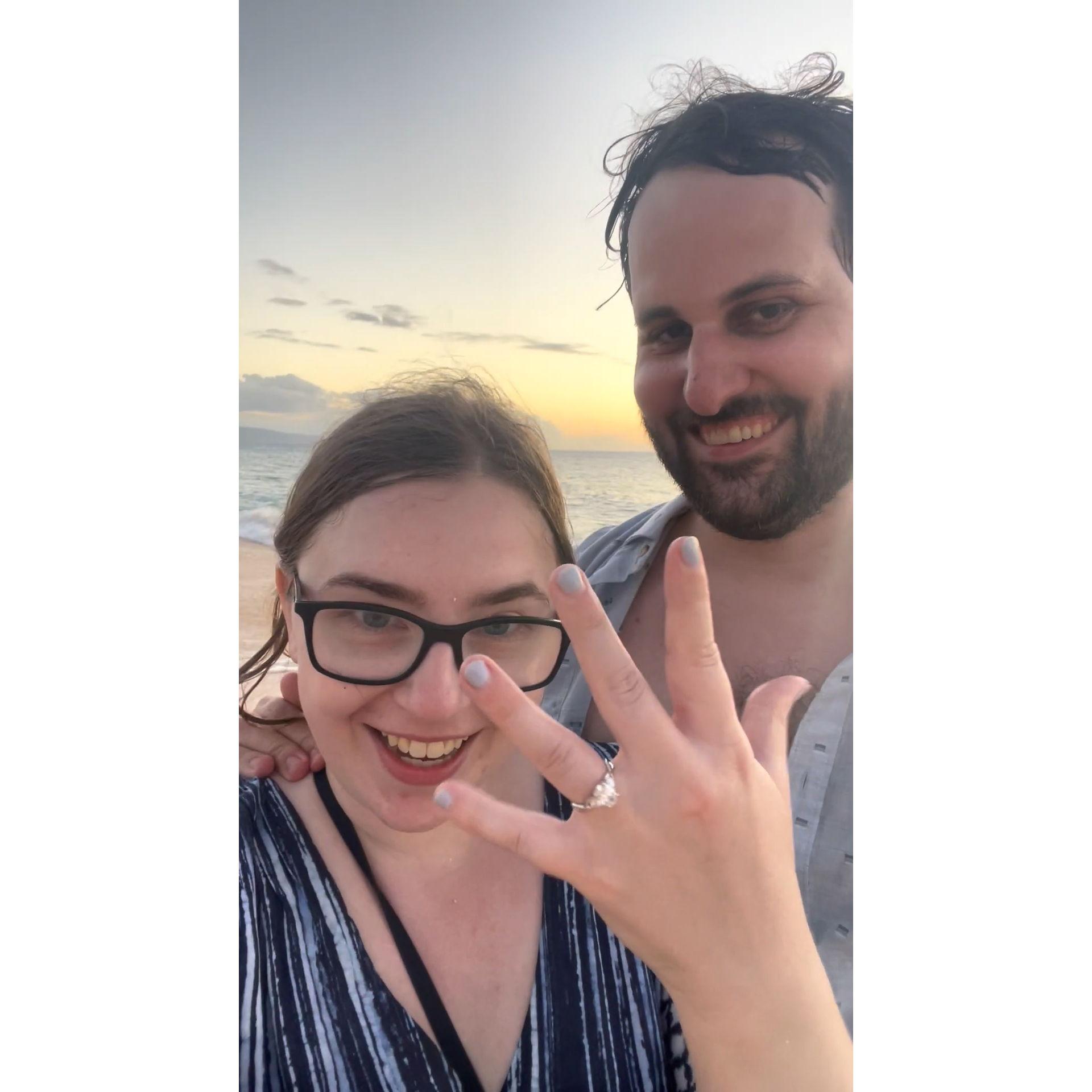 Stephen proposed at Sunset Beach Park in Hawaii, appropriately as the sun was setting.