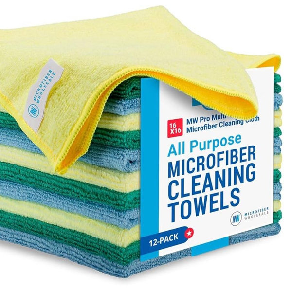 MW Pro Microfiber Cleaning Cloth | Blue, Green, Yellow (12 Pack) | Size 16" x 16" | All Purpose Microfiber Towels - Clean, Dust, Polish, Scrub, Absorbent