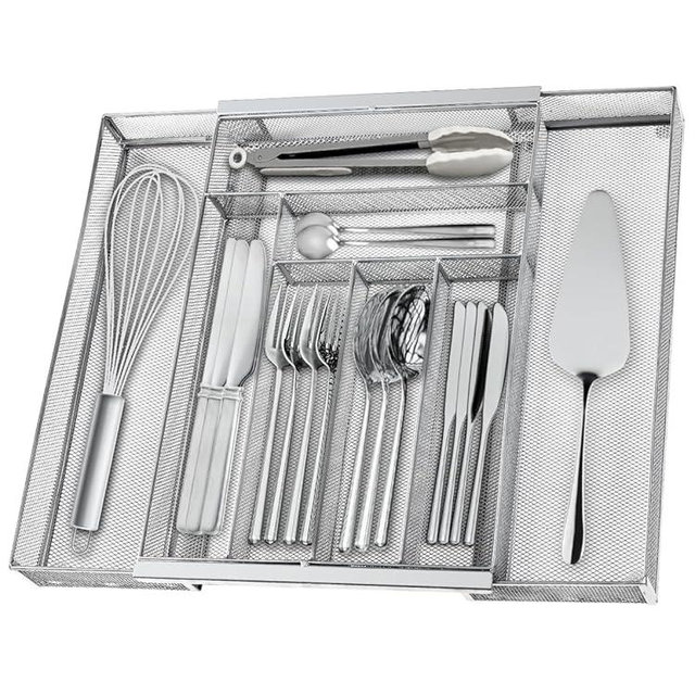 Silverware Organizer Metal Mesh, Large Drawer Organizer, Utensil Cutlery Tray for kitchen drawers, Expandable Flatware Organizer with 8 Compartment Silver 11.6"~20" x 17.3"
