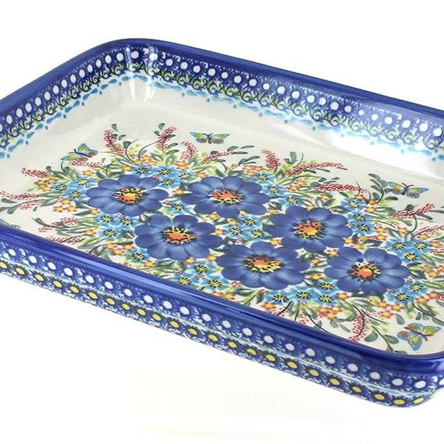 Blue Rose Polish Pottery - Garden of Blue Medium Rectangular Baker - 12" x 9.25" - Unique, Dishwasher Safe, & Durable Bakeware