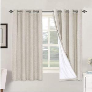 Linen Blackout Curtains 63 Inches Long, Full Blackout Thermal Insulated Textured Linen Look Curtain Draperies Anti-Rust Grommet with White Liner, 2 Panels, Natural