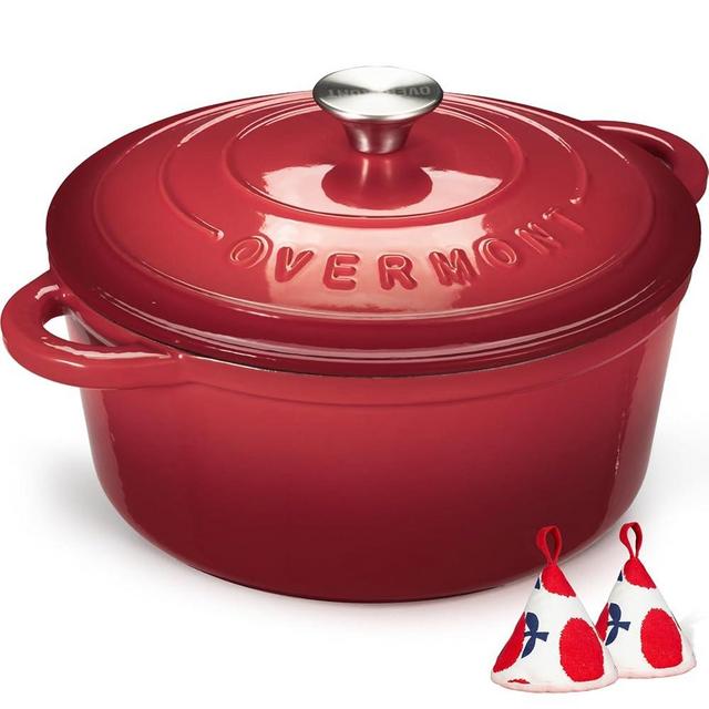 Overmont Enameled Cast Iron Dutch Oven - 7QT Pot with Lid Cookbook & Cotton Potholders - Heavy-Duty Cookware for Braising, Stews, Roasting, Bread Baking red