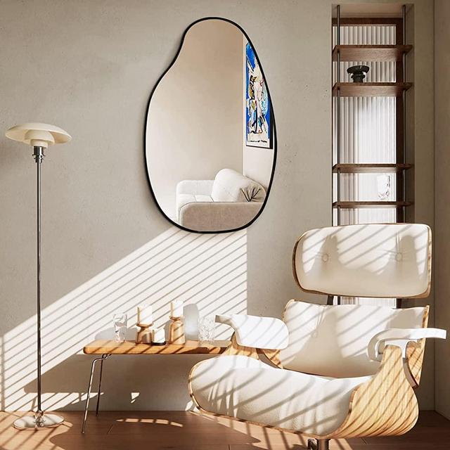 FARUIFETT Irregular Wall Mirror, Asymmetrical Mirror, Large Vanity Mirror for Wall Decoration, Modern Wood Framed Mirror for Living Room Bedroom Bathroom Entryway Mirror, 33.5'' x 20.5''