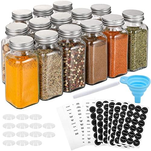 Aozita 14 Pcs Glass Spice Jars with Spice Labels - 6oz Empty Square Spice Bottles - Shaker Lids and Airtight Metal Caps - Chalk Marker and Silicone Collapsible Funnel Included