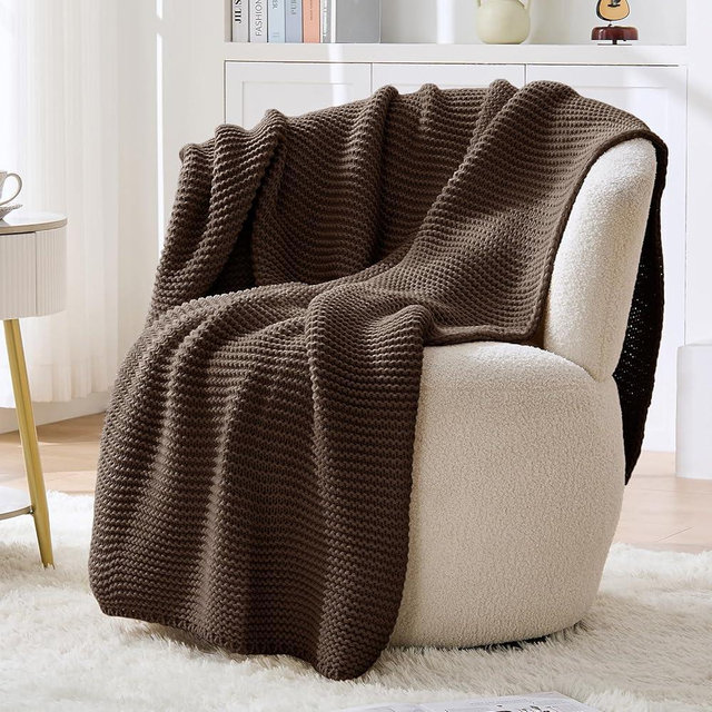 Cable Knit Throw Blanket for Couch, Brown Throw Blanket, Soft Cozy Stretchy Reversible Garter Knitted Blankets for Bed, 60"x80", Dark Brown