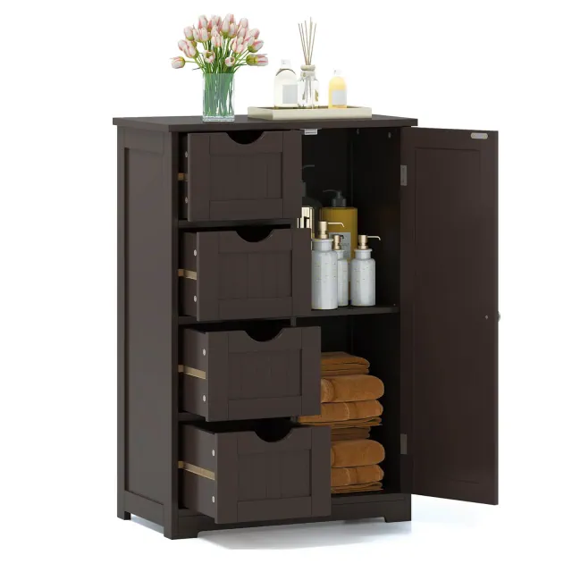 Costway Bathroom Storage Wooden 4 Drawer Cabinet Cupboard 2 Shelves Free Standing Brown