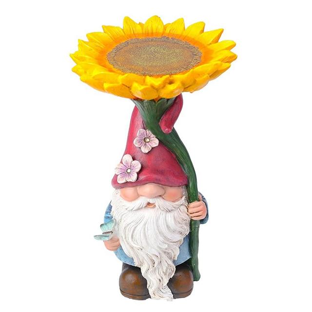 MUMTOP Garden Gnome Statue with Sunflower Bird Bath Outdoor Decor, Gnome Birdbaths Bird Feeder with Solar LED Light Waterproof Garden Sculpture for Yard Garden Lawn Outdoor Decorations