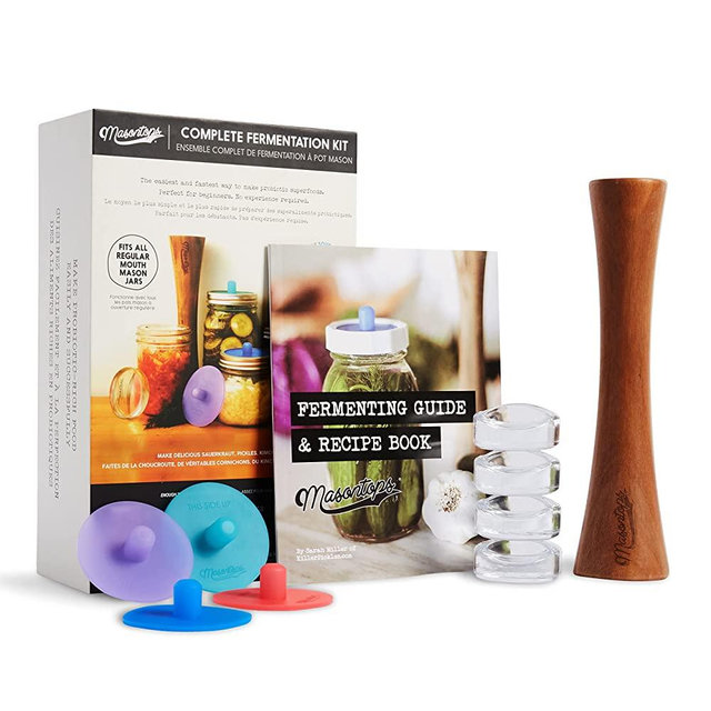 Masontops Complete Fermentation Kit - Small/Regular Mouth - Pickle Kit & Kimchi Making Kit - Fermenting Kit with Fermentation Lids, Weight & Tamper