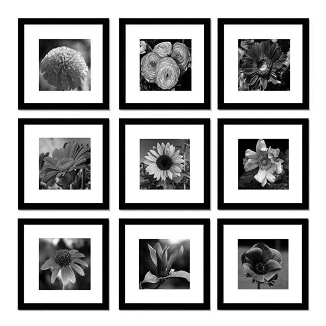 12x12 White Picture Frame Set of 9 ,Square Photo Frame with Mat Display Pictures 8x8 or 12x12 Without Mat,PVC Glass,for Wall Home Office Décor（12x12-9set,Black）