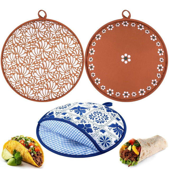 Honeydak 3 Pcs 12 Inch Tortilla Warmer Pouch, Mexican De Barro Talavera Style Microwavable Insulated Cloth Bag for Tortillas, Tacos, Naan and Pizza Rolls