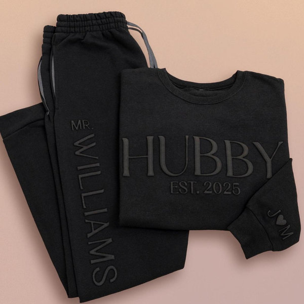 Personalized Puff Wifey Sweatshirt Embossed Couple Sweatshirt Custom Wifey,Hubby Sweatshirt Gift for Newlywed Anniversary, Engagement Gift