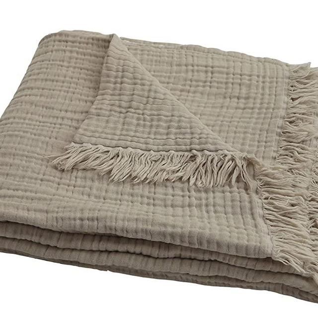 100% Organic Muslin Cotton Oversized Throw Blanket for Couch, Adults, 4-Layer Pre-Washed Plant Dyed Yarn, Breathable Soft, Cozy, Summer Lightweight Bed Blanket, All Season (60"x80" Light Tan Khaki)