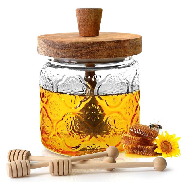 Glass Honey Dispenser No Drip with 3 Wooden Dippers, 18 Oz Oversize Glass Honey Jar with Lid and Engraved Wooden Honey Trowel-Jar Set Honey Pot/Containers with Wooden Honey Dipper Thank You Gift