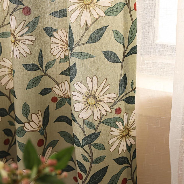 ISAENNE Vintage Linen Semi Blackout Green Curtains with Grommets,Western Home Decor Window Curtain for Kitchen Bedroom Living Room Dining Room,2 Panels 53 Inches Wide by 79 Inches Long -Brune