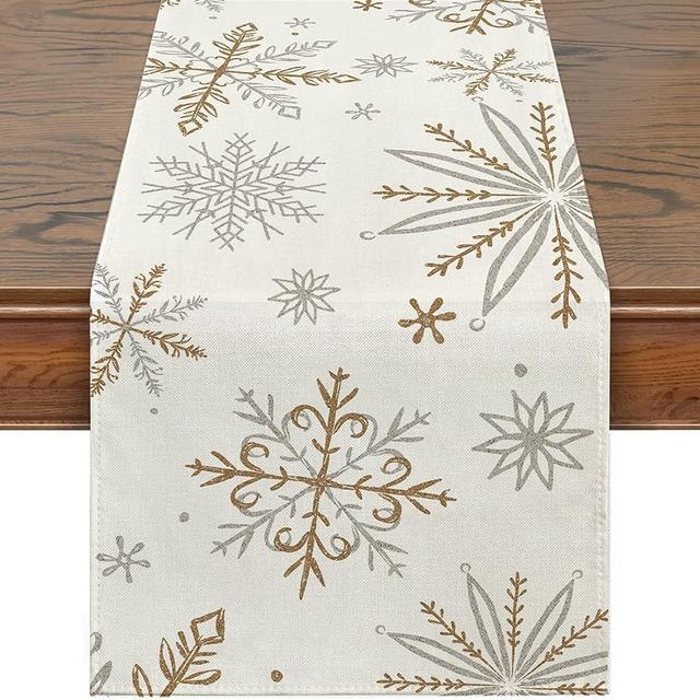 Siilues Winter Table Runner, Snowflake Decorations White Gold Winter Runner for Table Seasonal Chriatmas Holiday Decor for Indoor Outdoor Dining Table Decorations (13'' x 90'')