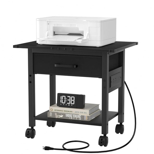 Lerliuo Under Desk Rolling Printer Stand with Charging Station and USB Ports, 2-Tier Printer Table Desk with Fabric Drawer, Printer Cart Holder with Lockable Wheels for Home, Office (Black)