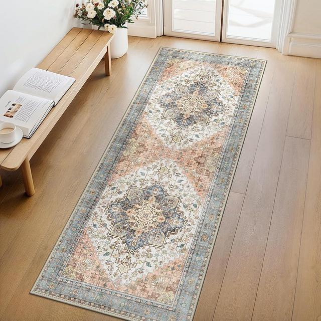 GENIMO 2x10 Runner Rugs for Hallway, Machine Washable Non Slip Vintage Rugs, Low Pile Lightweight Soft Print Rug for enrtyway, Corridor, Home Office, Kitchen, Blue Brick Red