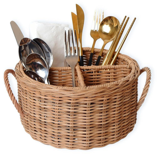 Chi An Home Wicker Utensil Holder For Countertop, Rattan Farmhouse Cutlery Caddy, Handwoven Party Silverware Organizer For Knife, Spoons, Multi-Use 4-Compartment (Round)