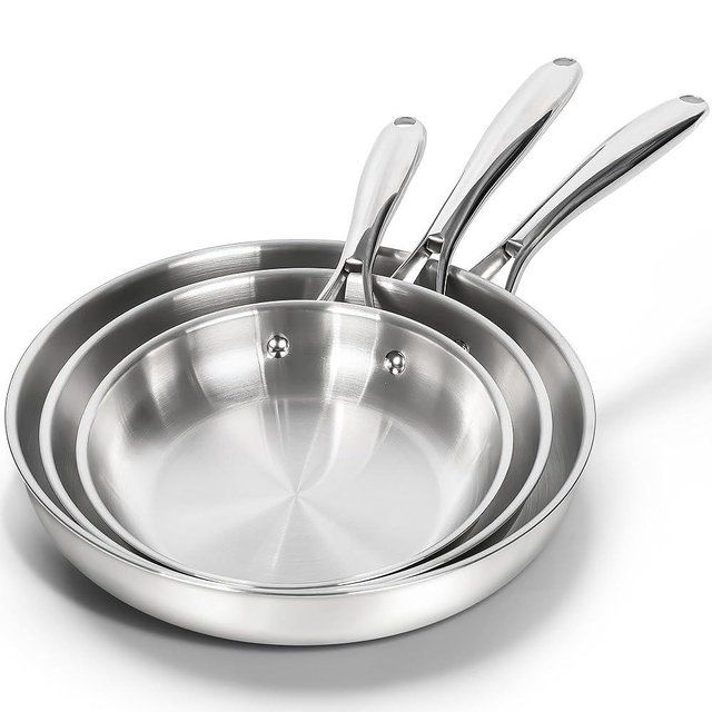 MICHELANGELO 18/10 Stainless Steel Frying Pan Set, 8" / 9.5" / 11" Cooking Pans, Triply Base Stainless Steel Pan Set with Ergonomic Handle, Induction Compatible
