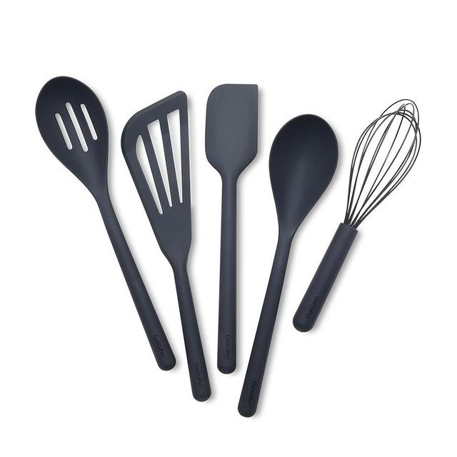 GreenPan Silicone 5 Piece Cooking Utensil Set, Slotted & Solid Spoon, Turner, Spatula, Whisk, Flexible Nonstick Kitchen Tools, Steel Core, Heat-Resistant Anti-Slip Handle BPA-Free Dishwasher Safe Gray