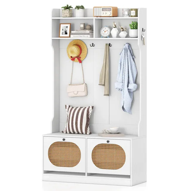 Costway 4-In-1 Hall Tree Entryway Bench with Coat Rack & Flip Drawers 6 Dual-Hook Hangers White