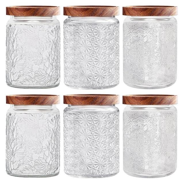 yoqelt Vintage Glass Jars with Wooden Lids, 6 Pack 24 oz Airtight Glass Food Storage Containers Sets for the Kitchen, Sugar Coffee Candy Spice Cookie Tea Pasta